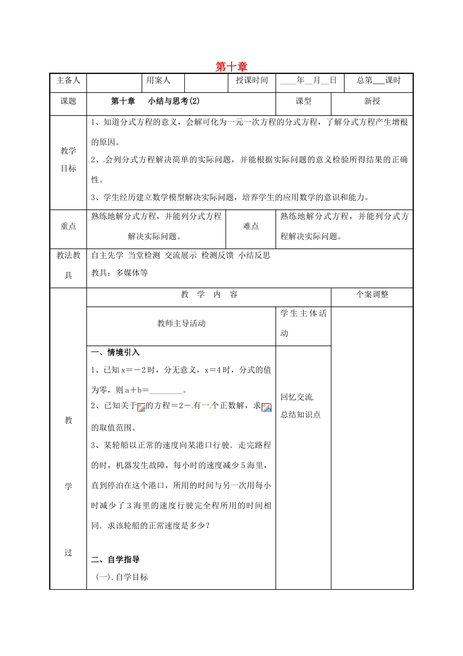 江苏省徐州市新沂市踢球山乡八年级数学下册 第十章 分式小结与思考（2）教案 （新版）苏科版-（新版）苏科版初中八年级下册数学教案_第1页