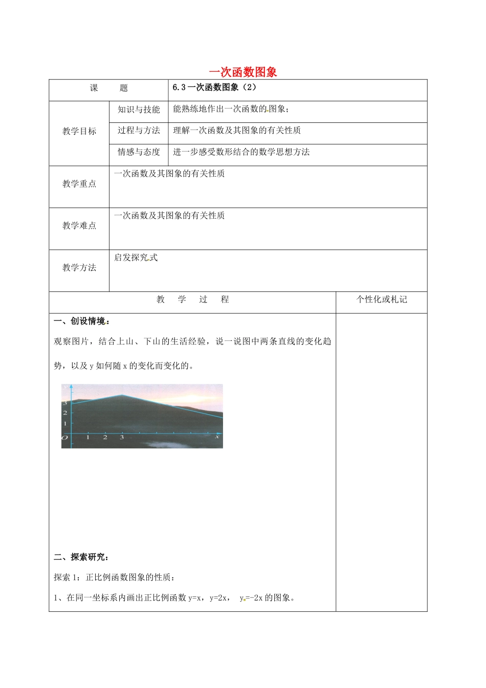 江苏省常州市溧阳市八年级数学上册 6.3.2 一次函数的图像教案 （新版）苏科版-（新版）苏科版初中八年级上册数学教案_第1页