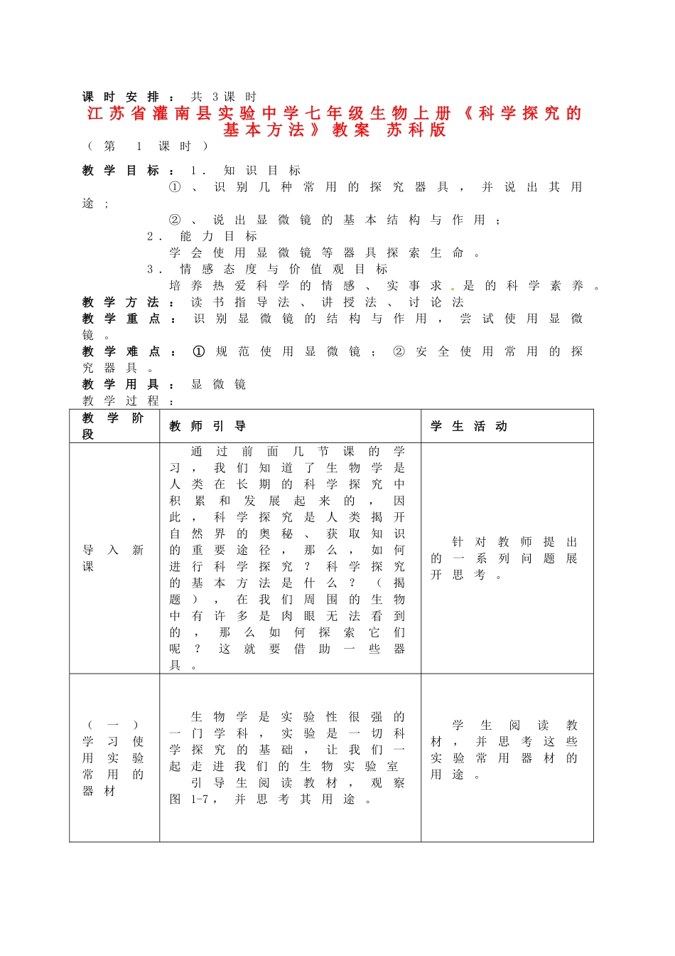 江苏省灌南县实验中学七年级生物上册《科学探究的基本方法》教案 苏科版_第1页
