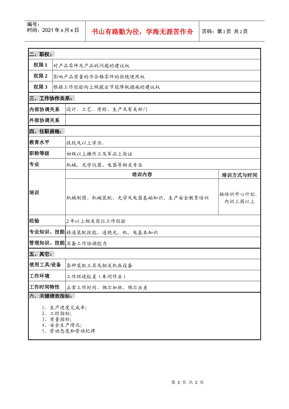 仪器生产企业机械部件装配职位说明书_第2页