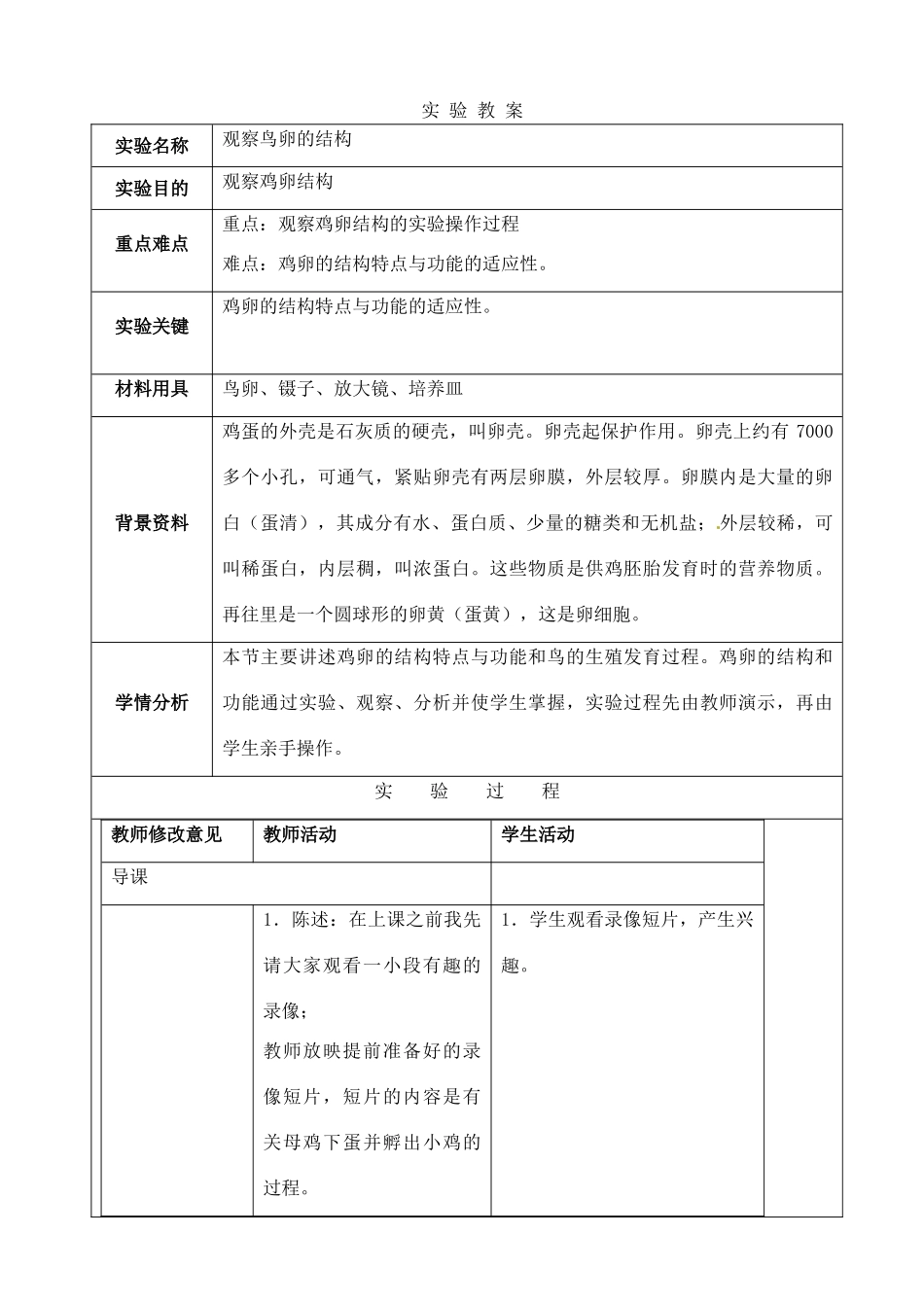 江苏省苏州市第26中学八年级生物《观察鸟卵的结构》实验教案 _第1页