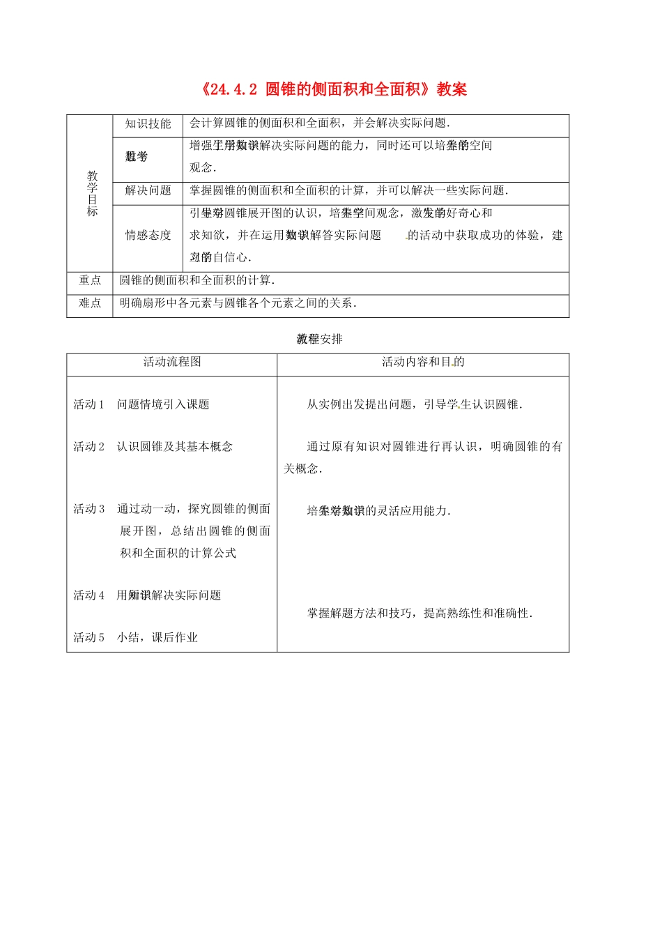 吉林省油田第二中学九年级数学上册《24.4.2 圆锥的侧面积和全面积》教案 新人教版_第1页