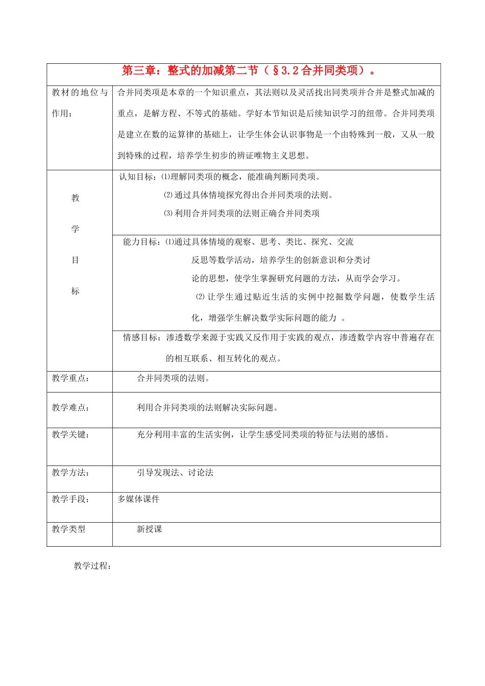 安徽省马鞍山市外国语学校七年级数学 合并同类项 教学设计 人教新课标版_第1页