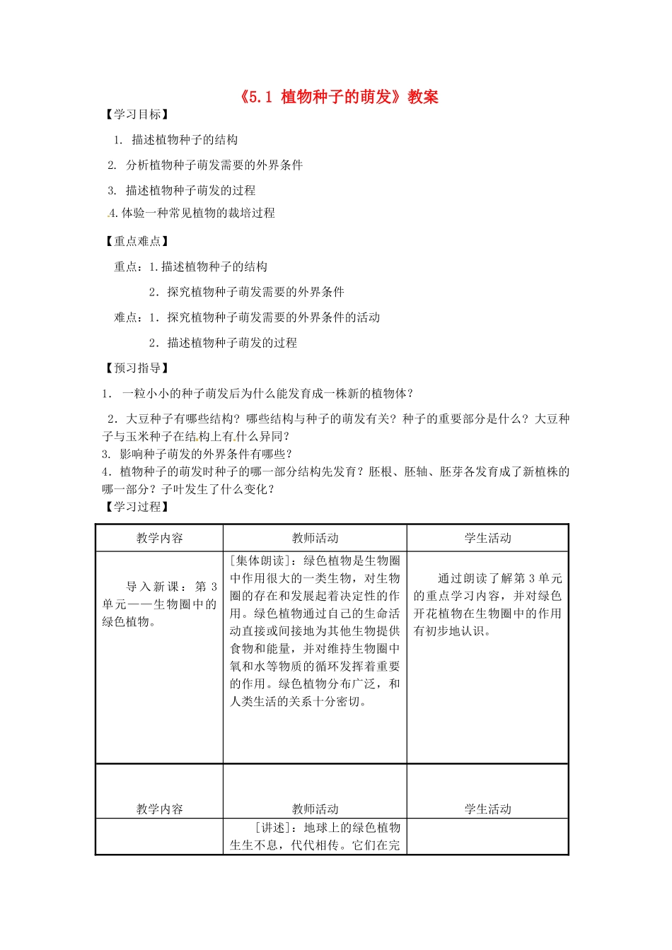 江苏省东台市唐洋镇中学七年级生物上册《5.1 植物种子的萌发》教案 苏教版_第1页