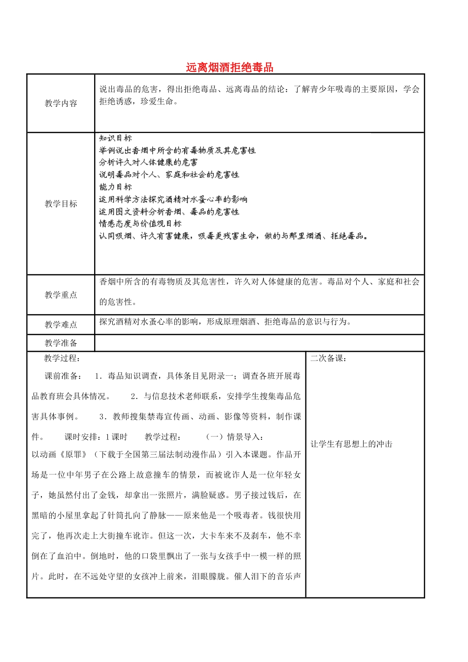 江苏省苏州市工业园区东沙湖学校八年级生物下册 第三节 远离烟酒拒绝毒品（第一课时）教案 苏科版_第1页