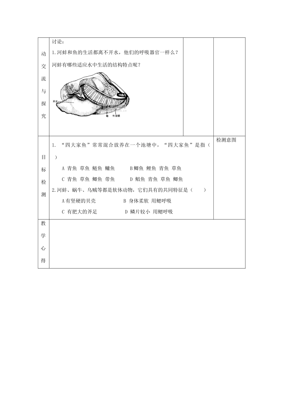 江苏省连云港东海县平明镇中学七年级生物下册 10.1 观察河蚌教案 苏科版_第2页