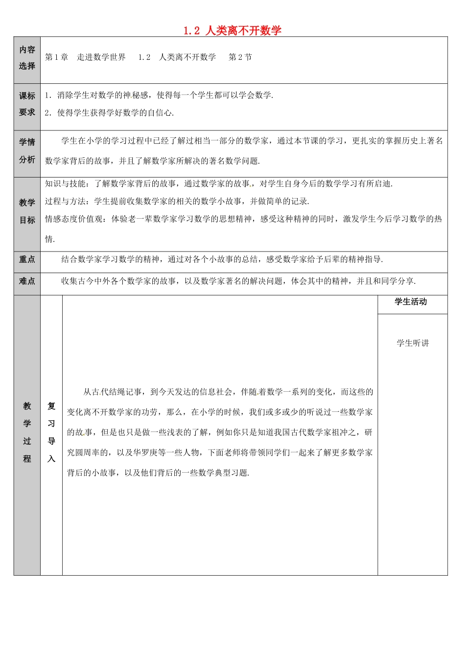 吉林省长春净月高新技术产业开发区七年级数学上册 第1章 走进数学世界 1.2 了解数学家的故事教案 （新版）华东师大版-（新版）华东师大版初中七年级上册数学教案_第1页