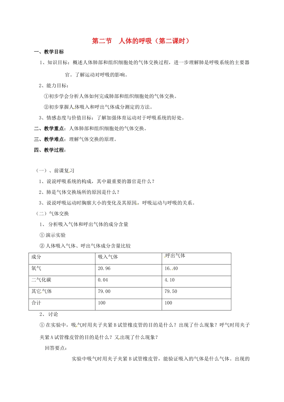 江苏省太仓市七年级生物上册 第七章 第二节 人体的呼吸（第2课时）教案 （新版）苏科版-（新版）苏科版初中七年级上册生物教案_第1页