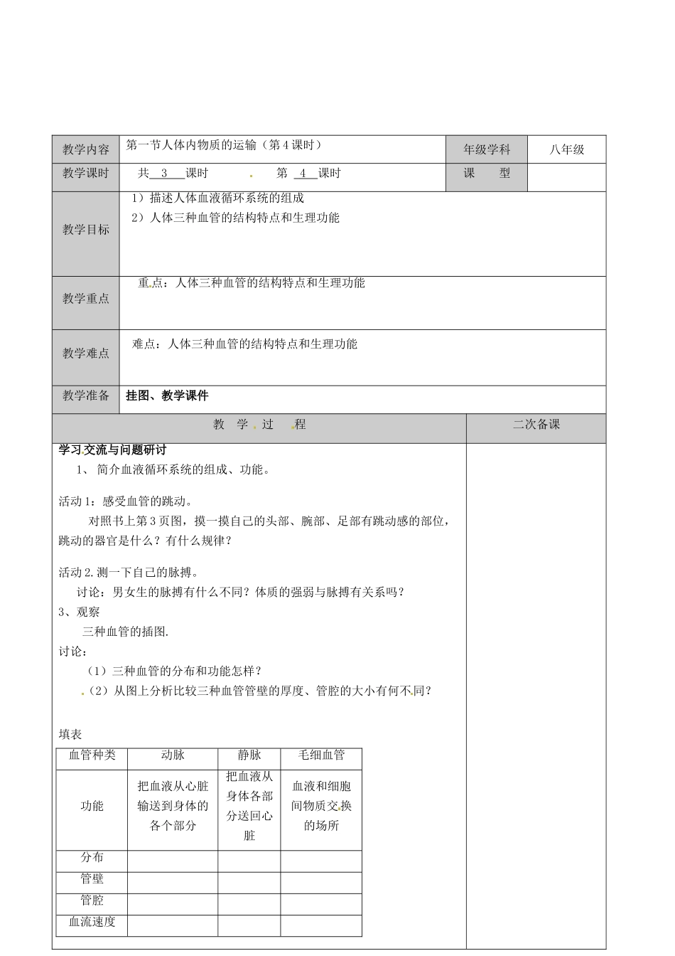 江苏省徐州市黄山外国语学校八年级生物上册 第15章 维持生物体内的平衡 第一节人体内物质的运输（第4课时）教案 苏科版_第2页