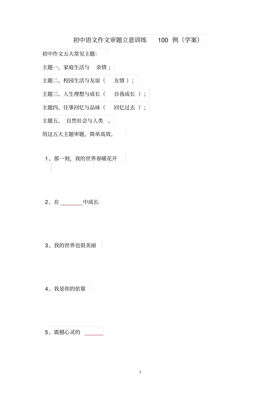 初中语文作文审题立意训练100例(学案)_第1页