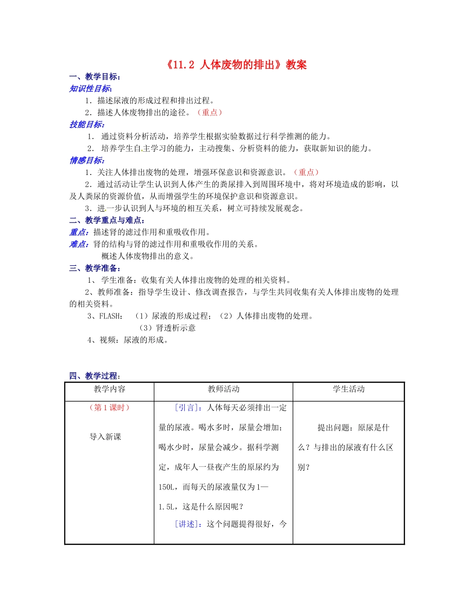 江苏省东台市唐洋镇中学七年级生物下册《11.2 人体废物的排出》教案 苏教版_第1页