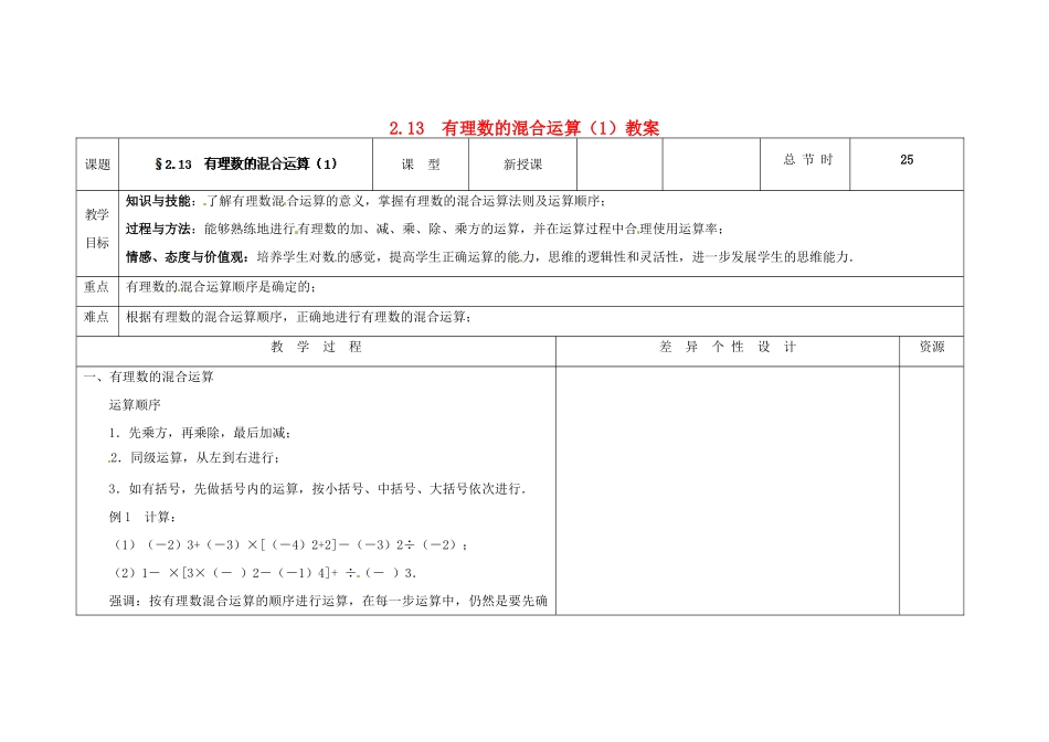 吉林省长春市第一零四中学七年级数学上册 2.13 有理数的混合运算教案（1） 华东师大版_第1页