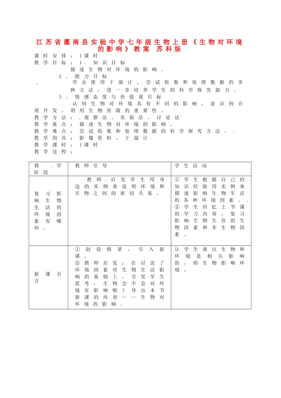 江苏省灌南县实验中学七年级生物上册《生物对环境的影响》教案 苏科版_第1页