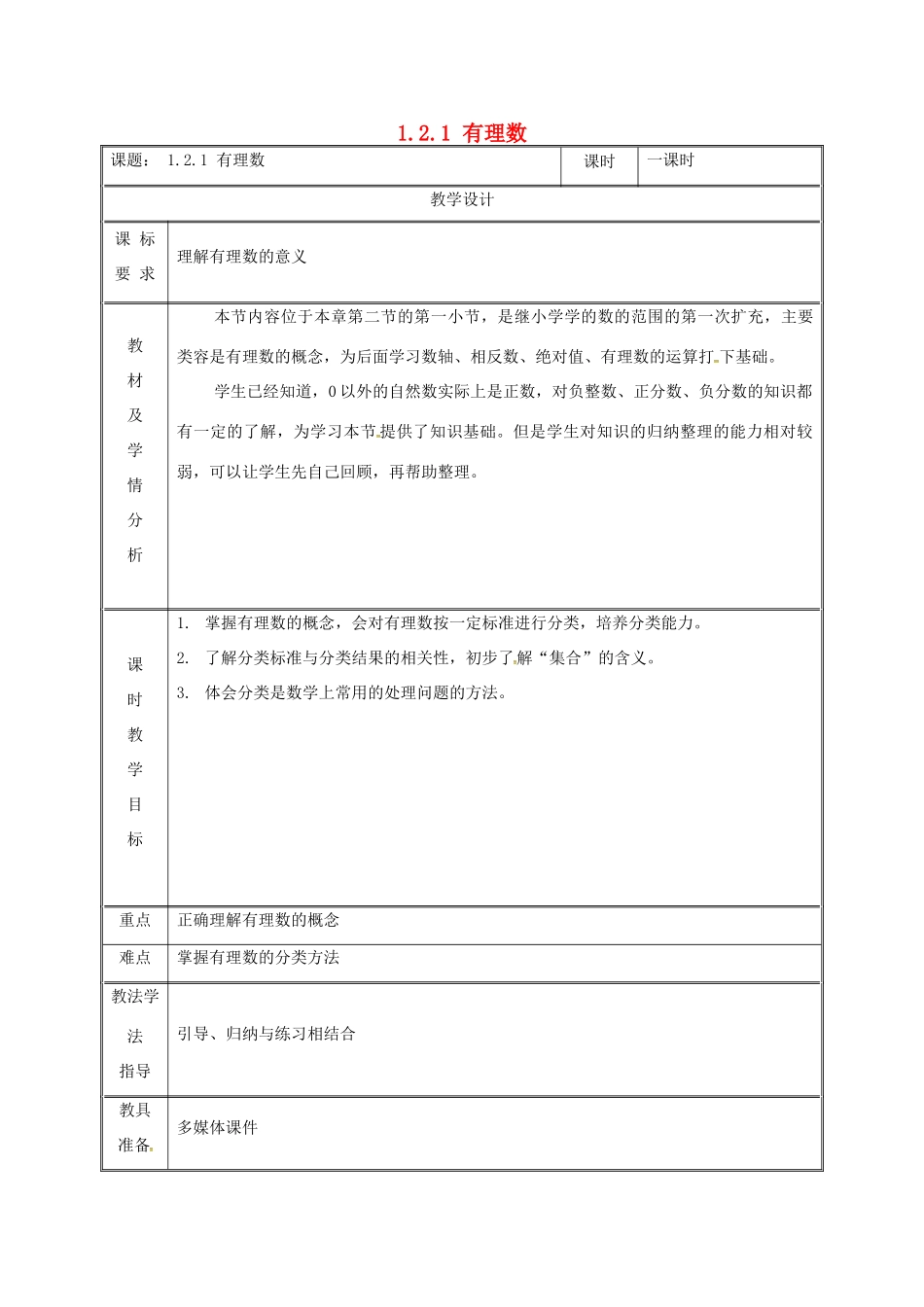 湖南省益阳市资阳区迎丰桥镇七年级数学上册 第一章 有理数 1.2 有理数 1.2.1 有理数教案 （新版）新人教版-（新版）新人教版初中七年级上册数学教案_第1页