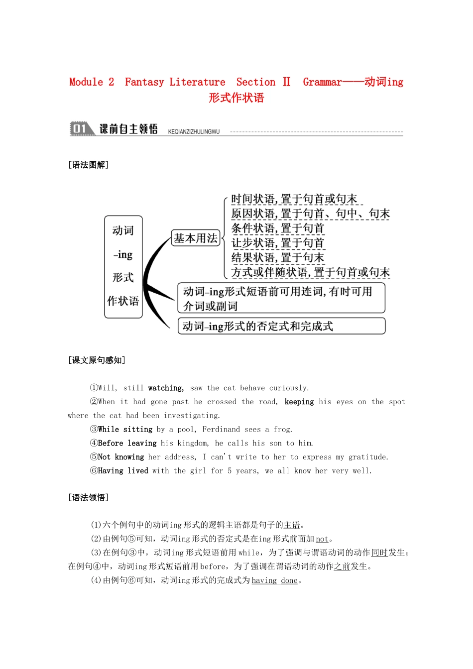 高中英语 Module 2 Fantasy Literature Section Ⅱ Grammar—动词-ing形式作状语教案 外研版选修6-外研版高二选修6英语教案_第1页
