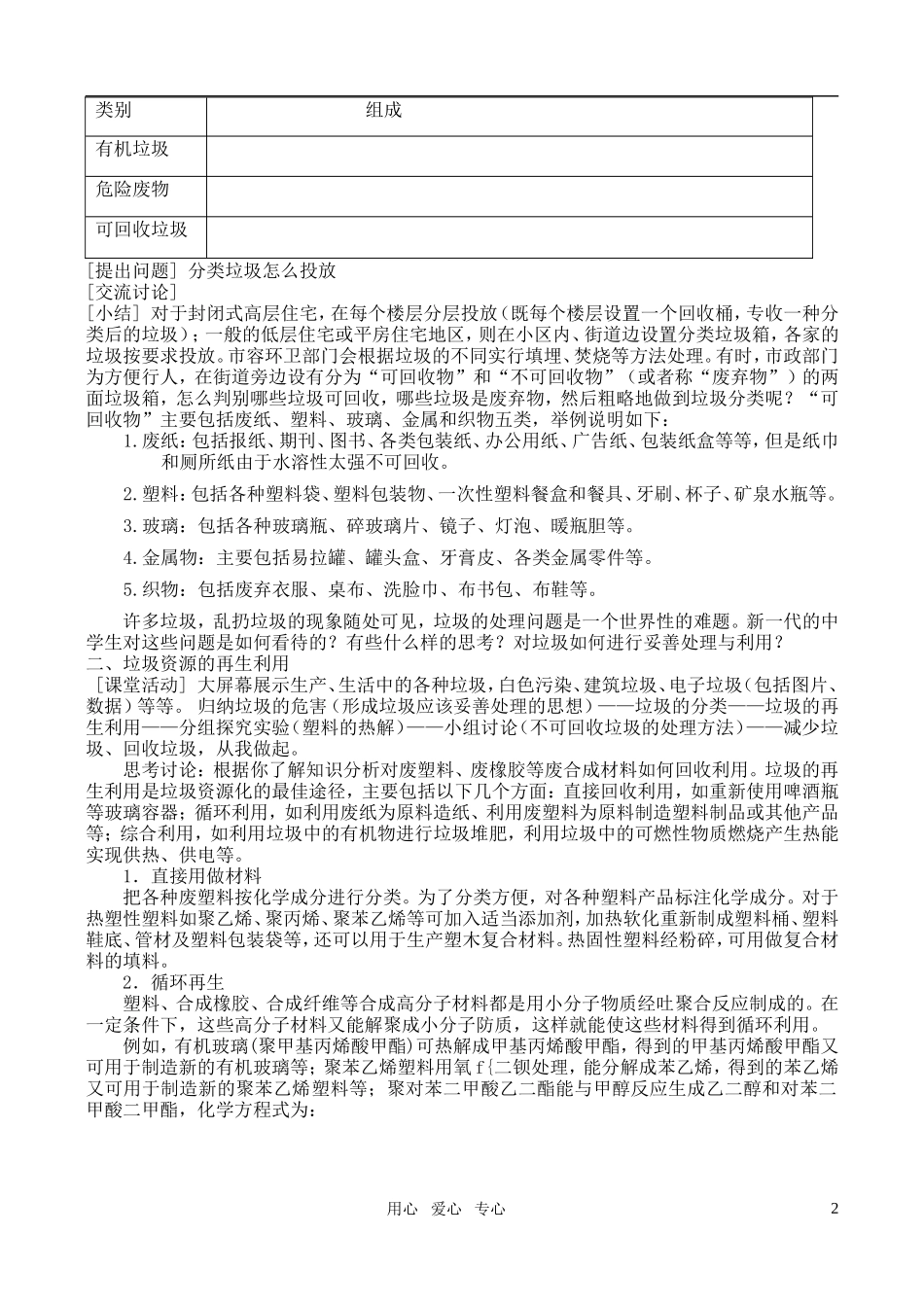 高中化学 主题1 呵护生存环境 课题3 垃圾的妥善处理与利用教案 鲁科版选修1_第2页