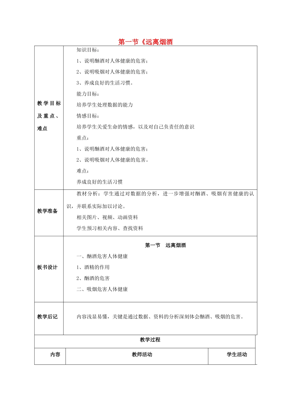 八年级生物下册 第二十六章 第一节《远离烟酒》教案 （新版）苏教版_第1页