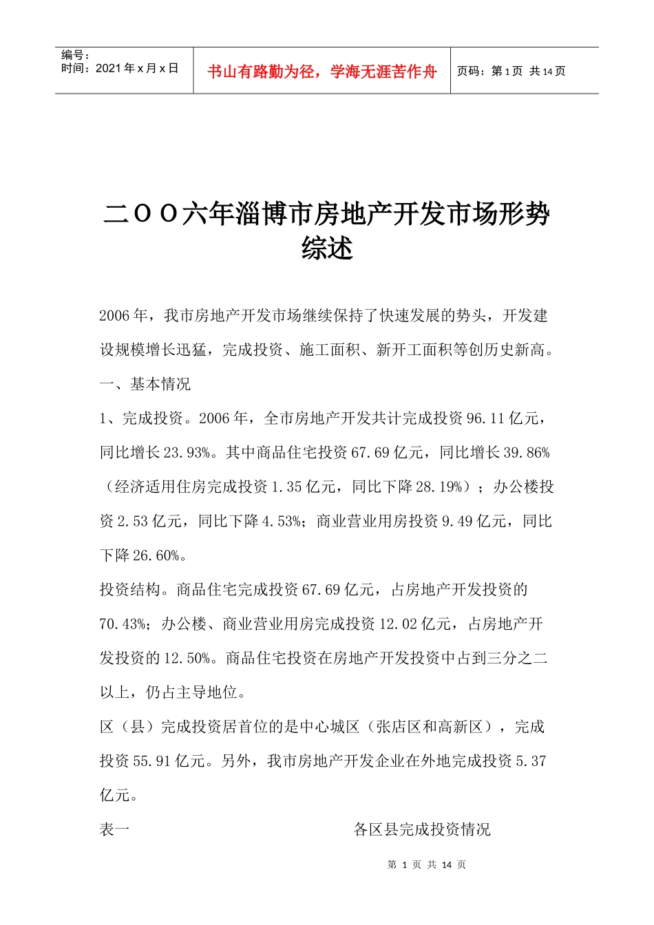 二ＯＯ六年淄博市房地产开发市场形势综述(1)_第1页