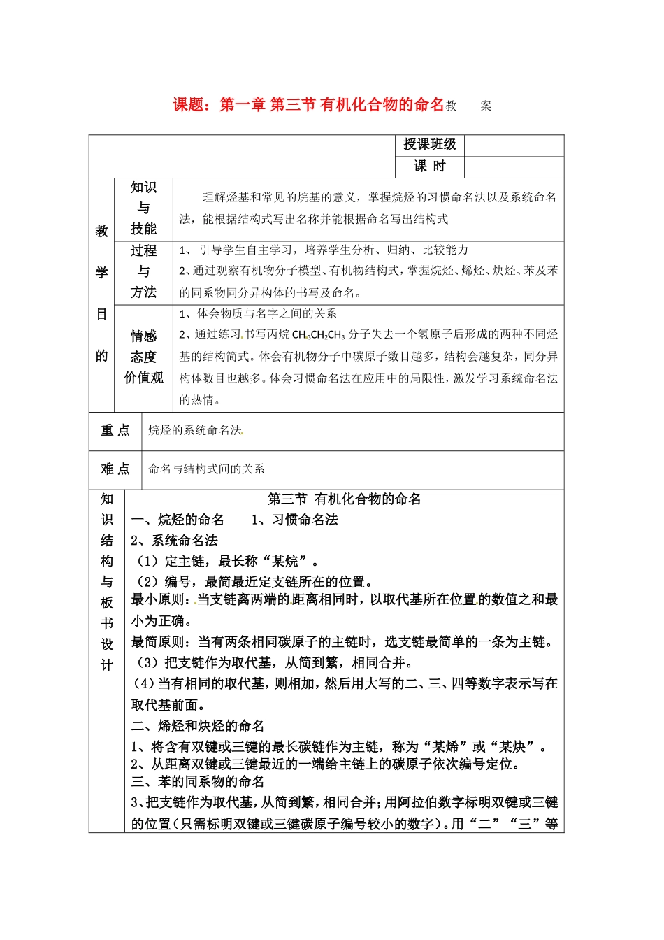 高中化学 第一章第三节 有机化合物的命名教案 新人教版选修5_第1页