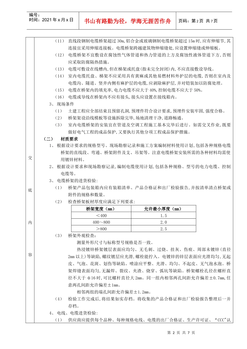 10室内电缆桥架安装工程 (分项工程质量技术交底卡)_第2页