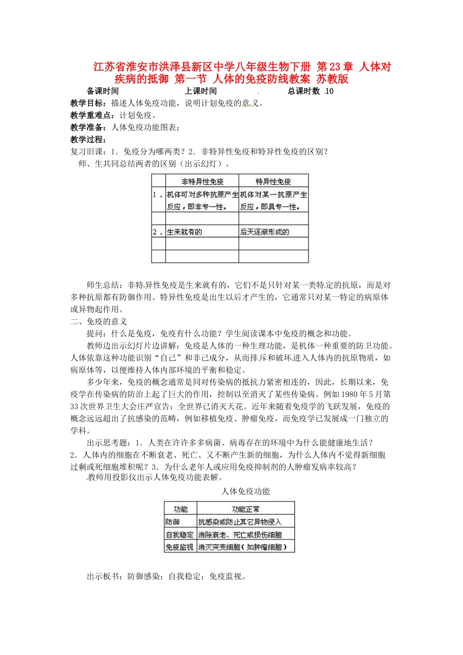 江苏省淮安市洪泽县新区中学八年级生物下册 第23章 人体对疾病的抵御 第一节 人体的免疫防线教案 苏教版_第1页