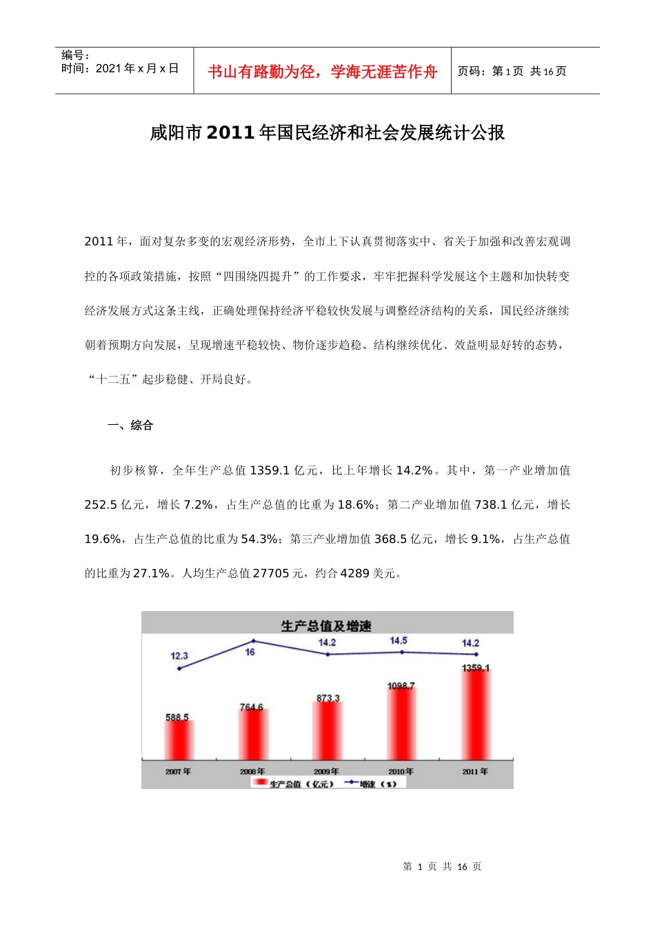 XXXX年咸阳市国民经济和社会发展统计公报_第1页