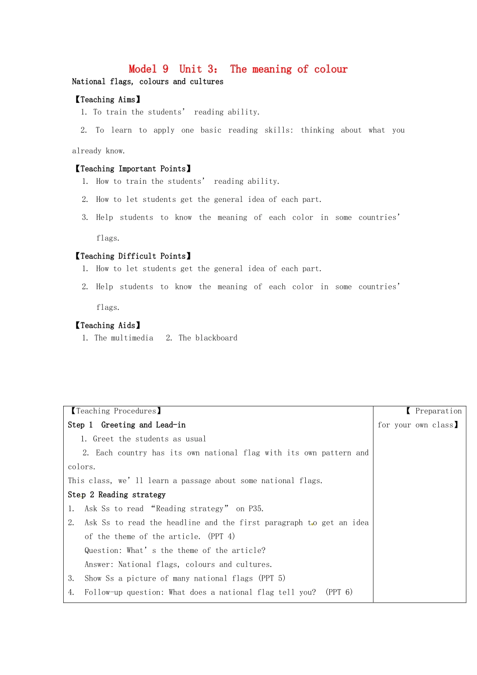 高中英语 Unit3 The meaning of colour National flags, colours and cultures教案 牛津译林版选修9-牛津版高二选修9英语教案_第1页