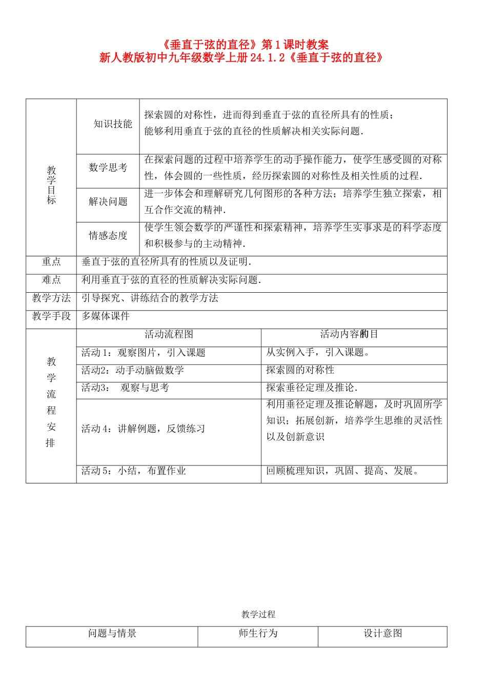 九年级数学 《垂直于弦的直径》教案 人教新课标版_第1页