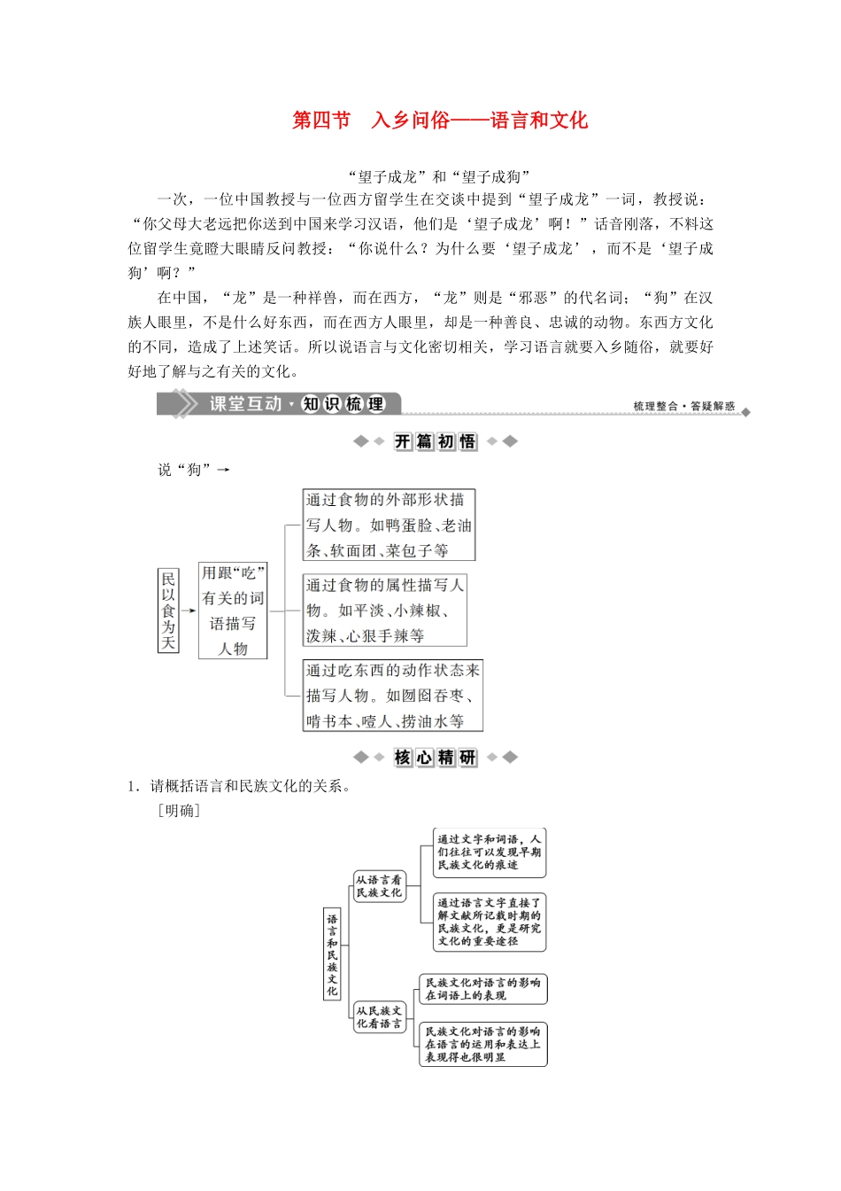 高中语文 第六课 语言的艺术 4 第四节 入乡问俗——语言和文化教案 新人教版选修《语言文字应用》-新人教版高二《语言文字应用》语文教案_第1页