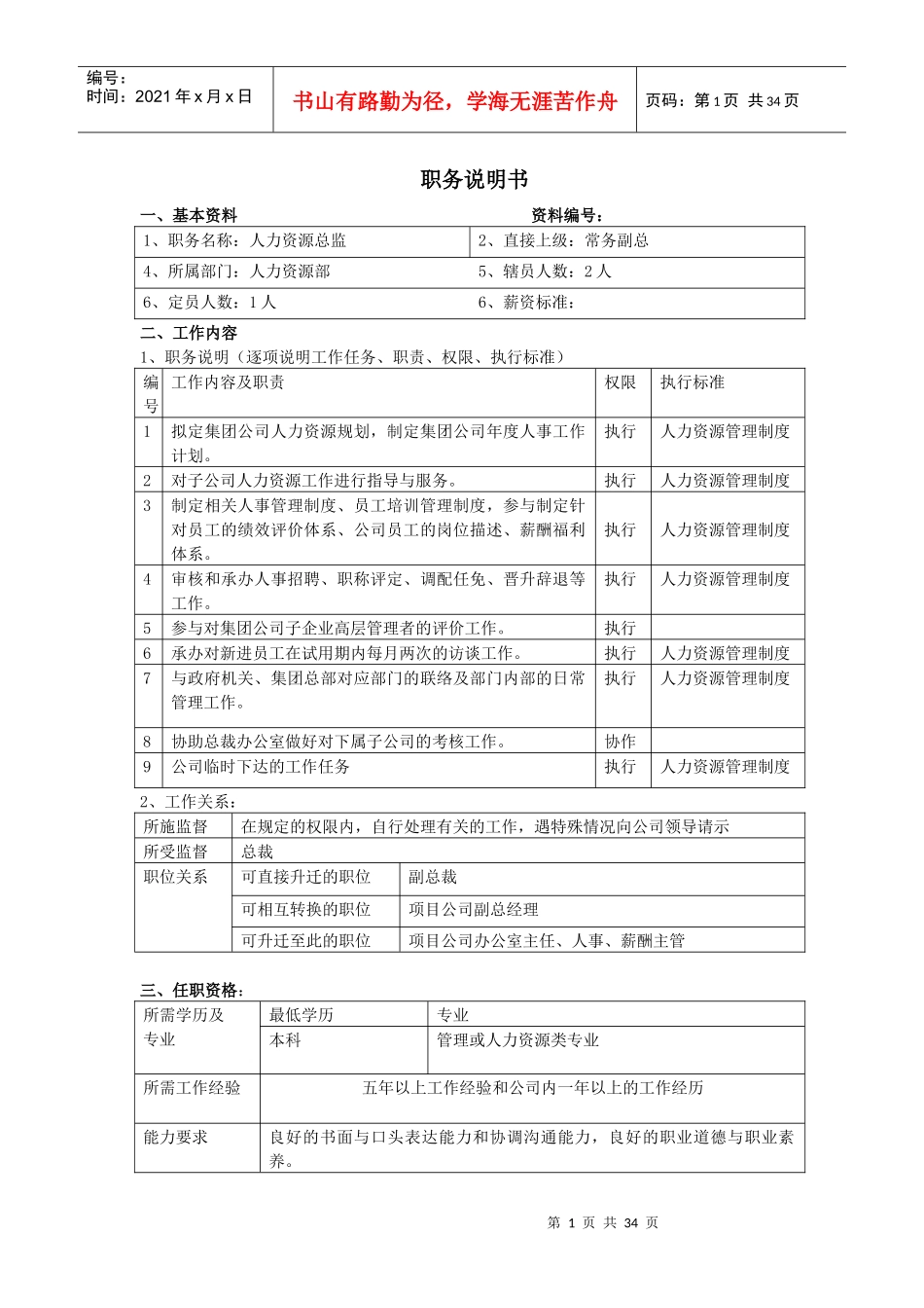 xx地产集团各岗位职务说明书(表格样式)_第1页