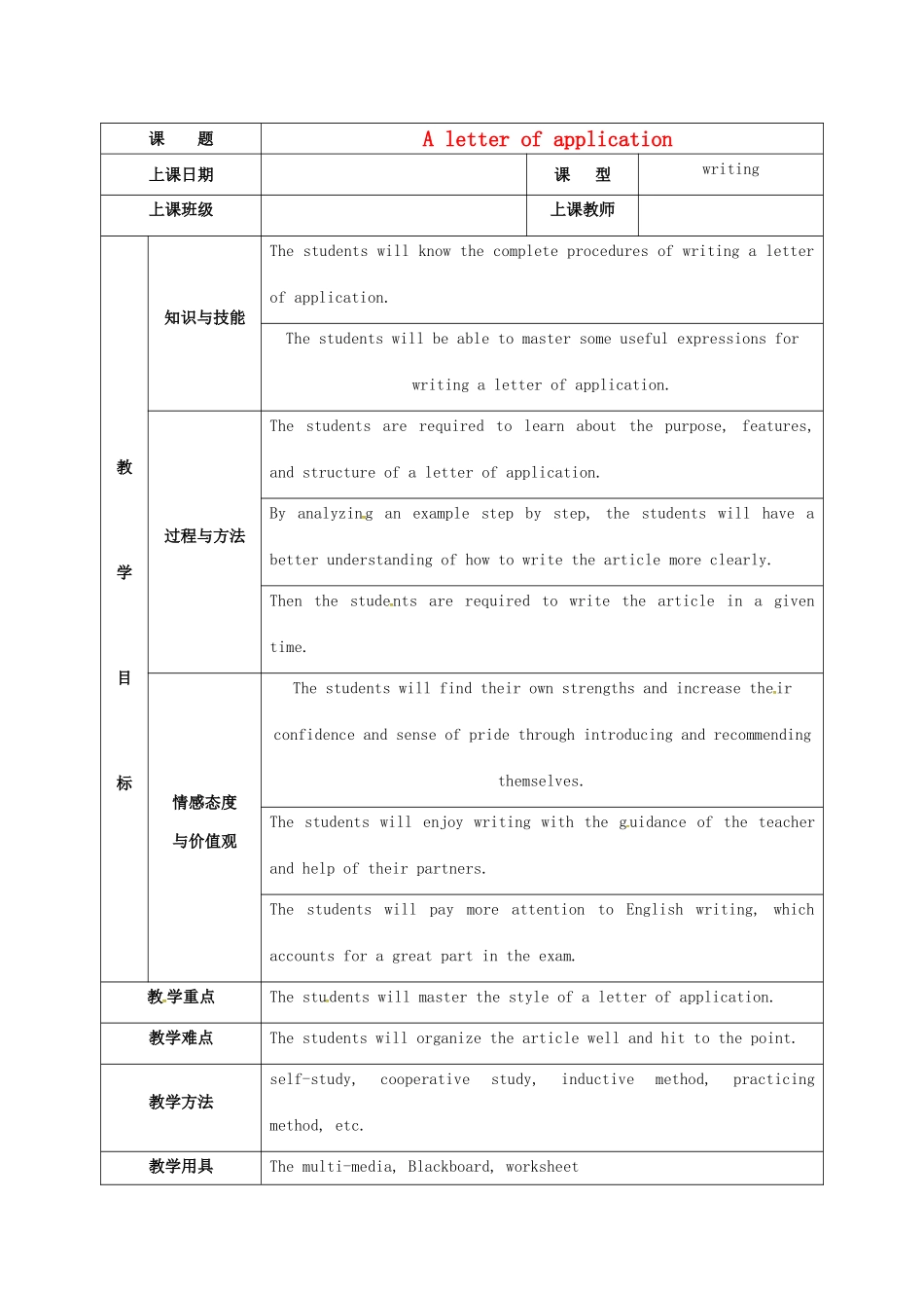 高中英语 U3 A letter of application教案 新人教版选修8-新人教版高二选修8英语教案_第1页