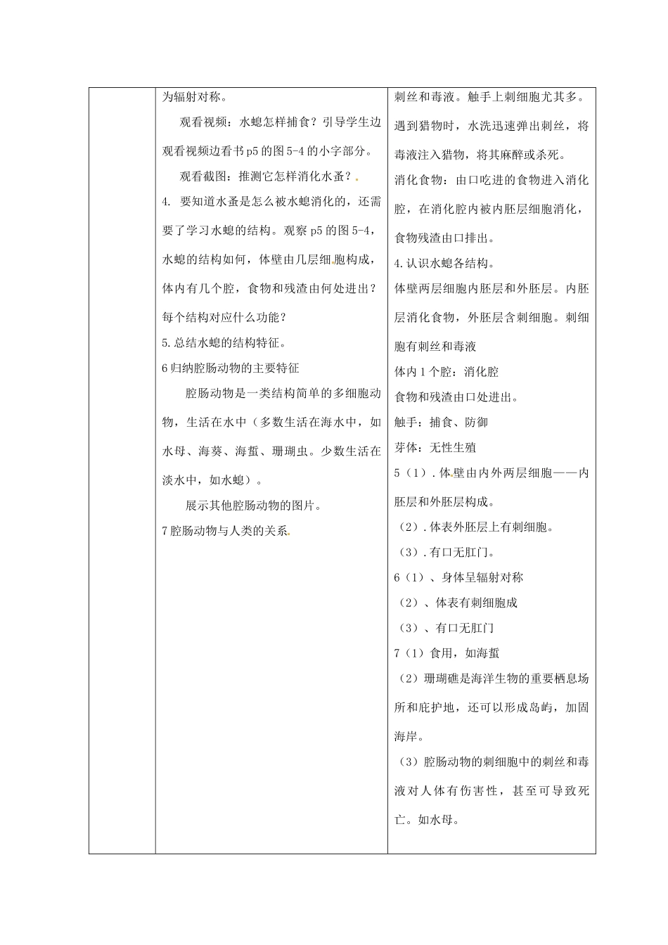 湖南省长沙市长郡芙蓉中学八年级生物上册《5.1.1 腔肠动物和扁形动物》教案 （新版）新人教版_第3页