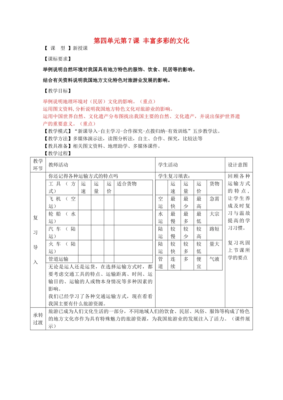 八年级地理上册 第四单元 第7课 丰富多彩的文化教案 商务星球版_第1页