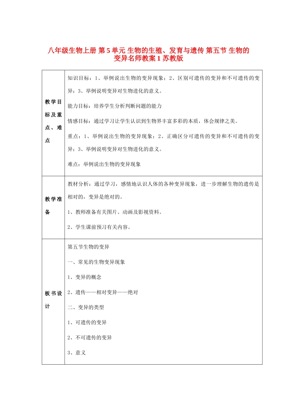 八年级生物上册 第5单元 生物的生殖、发育与遗传 第五节 生物的变异名师教案1 苏教版_第1页