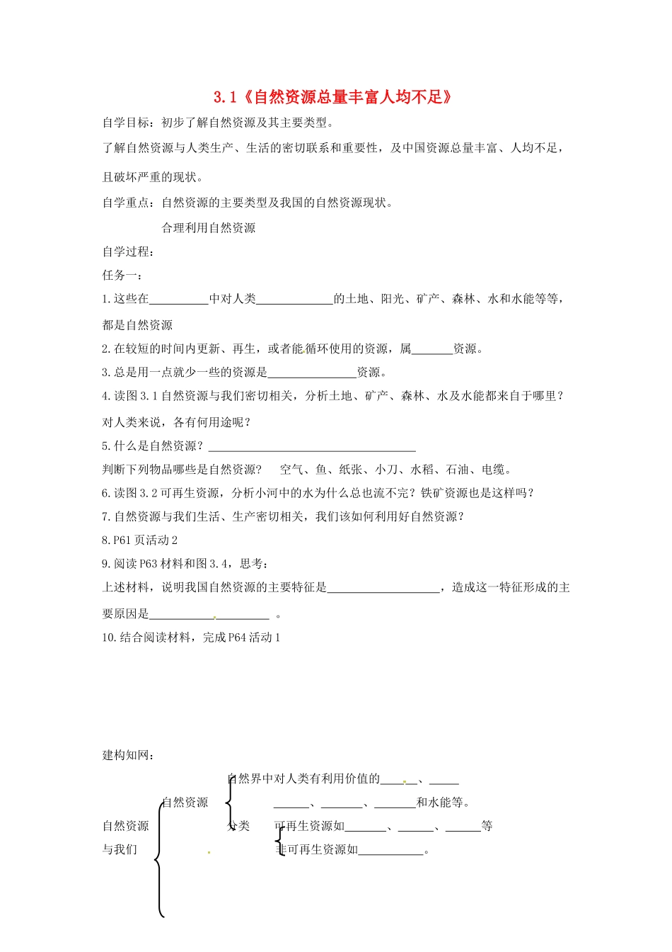 八年级地理上册 3.1 自然资源总量丰富人均不足学案（无答案） 新人教版_第1页