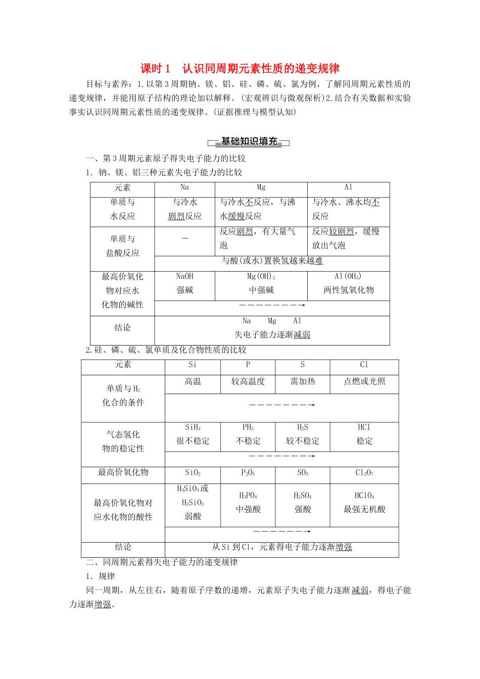 高中化学 第1章 第3节 课时1 认识同周期元素性质的递变规律教案 鲁科版必修2-鲁科版高一必修2化学教案_第1页