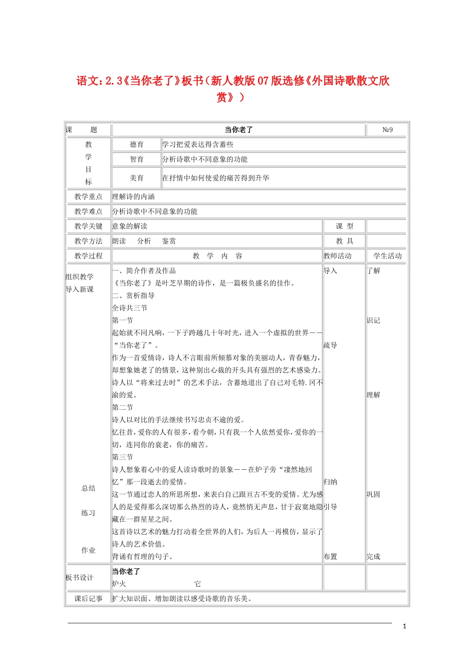 高中语文 2.3《当你老了》教学设计 新人教版07版选修《外国诗歌散文欣赏》_第1页
