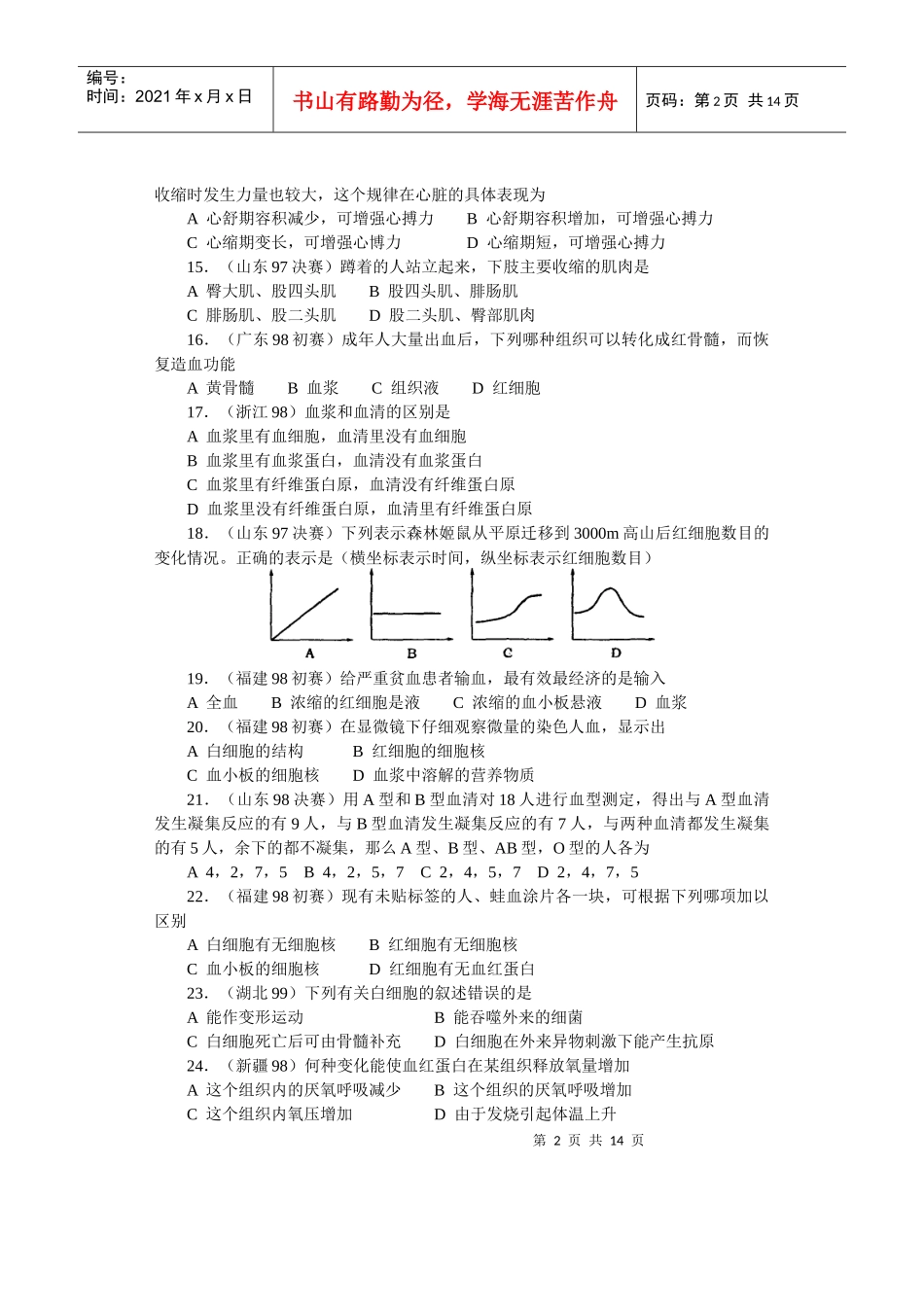 全国中学生生物竞赛各省市试题选编第十章：生理卫生_第2页
