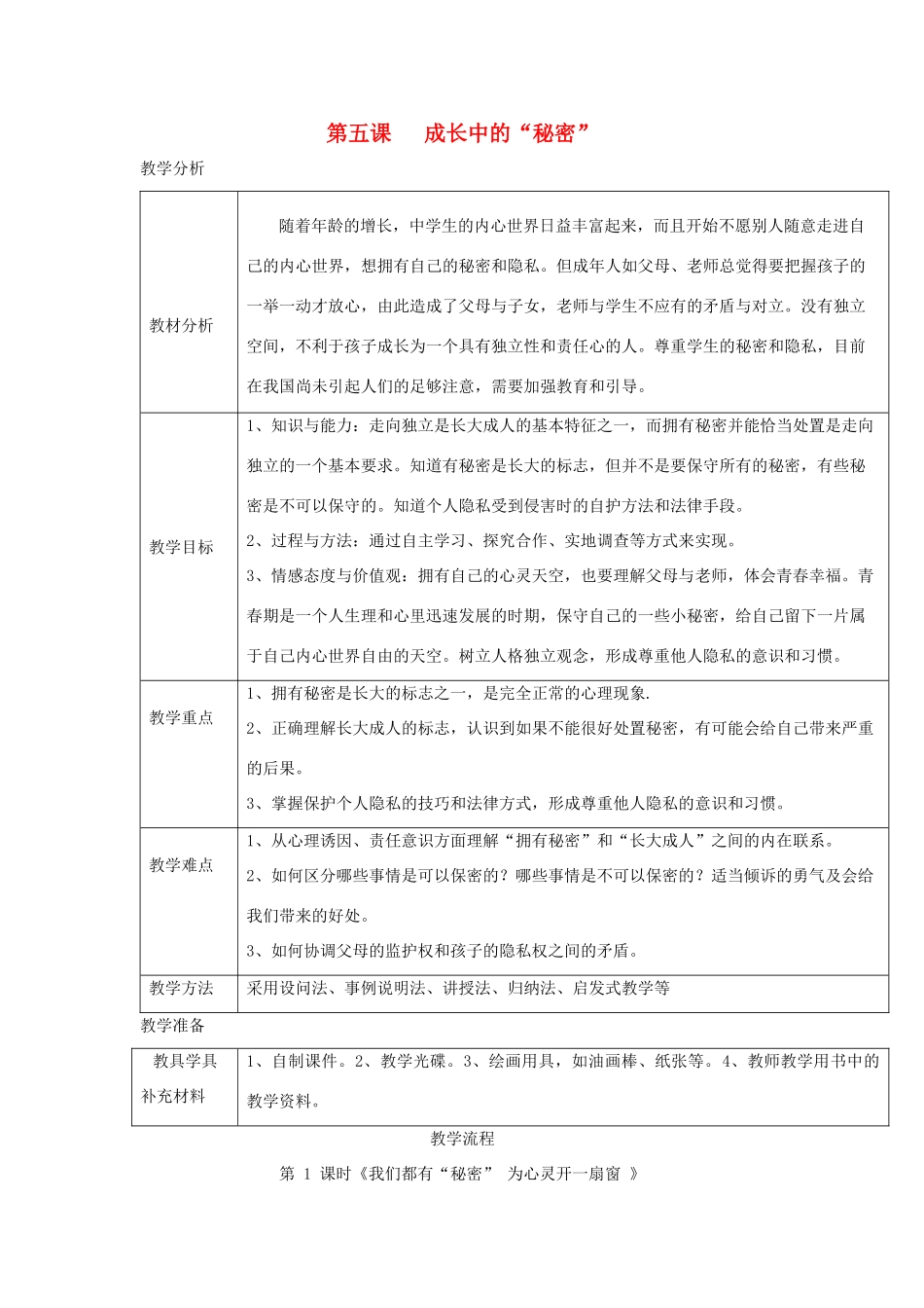 八年级道德与法治上册 第二单元 青春自画像 第五课 成长的“秘密”第1框 我们都有“秘密”为心灵开一扇窗教学设计 人民版-人民版初中八年级上册政治教案_第1页