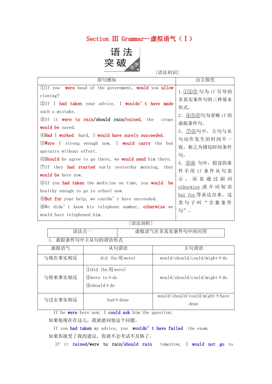 高中英语 Module 5 Cloning Section Ⅲ Grammar—虚拟语气（Ⅰ）教案（含解析）外研版选修6-外研版高二选修6英语教案_第1页