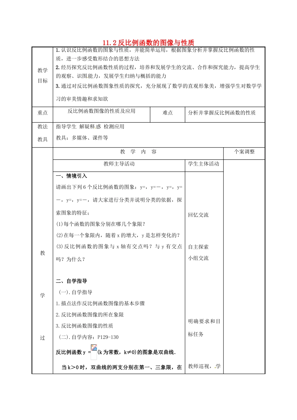 江苏省徐州市新沂市踢球山乡八年级数学下册 11.2 反比例函数的图像与性质（2）教案 （新版）苏科版-（新版）苏科版初中八年级下册数学教案_第1页
