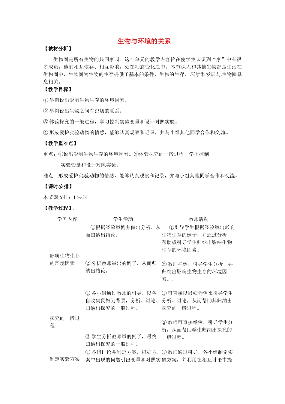 湖南省株洲县渌口镇初级中学七年级生物上册 1.2.1 生物与环境的关系教案 （新版）新人教版_第1页