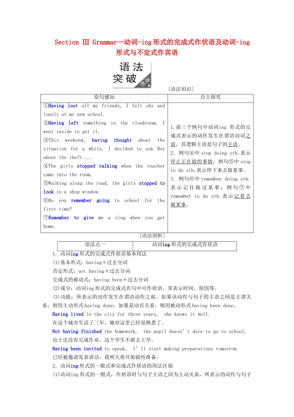 高中英语 Module 3 Interpersonal Relationships-Friendship Section Ⅲ Grammar—动词-ing形式的完成式作状语及动词-ing形式与不定式作宾语教案（含解析）外研版选修6-外研版高二选修6英语教案_第1页
