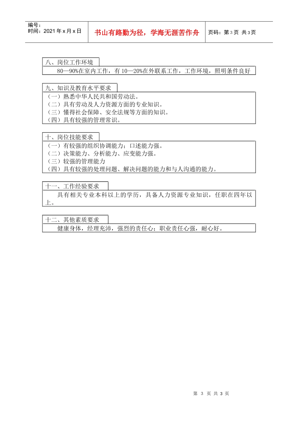 医药行业-人力资源部部长岗位说明书_第3页