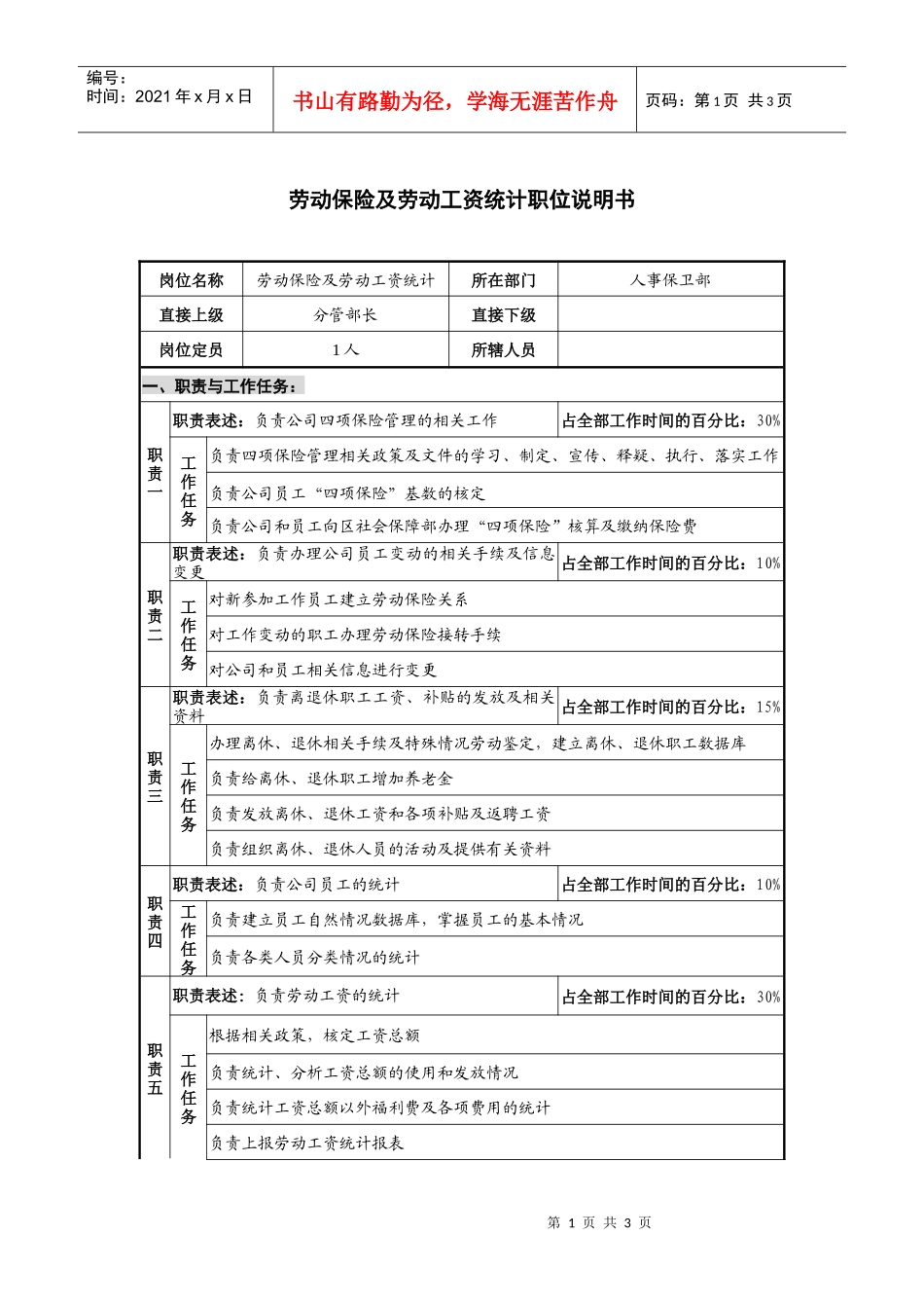 仪器生产仪器劳动保险及劳动工资统计职位说明书._第1页