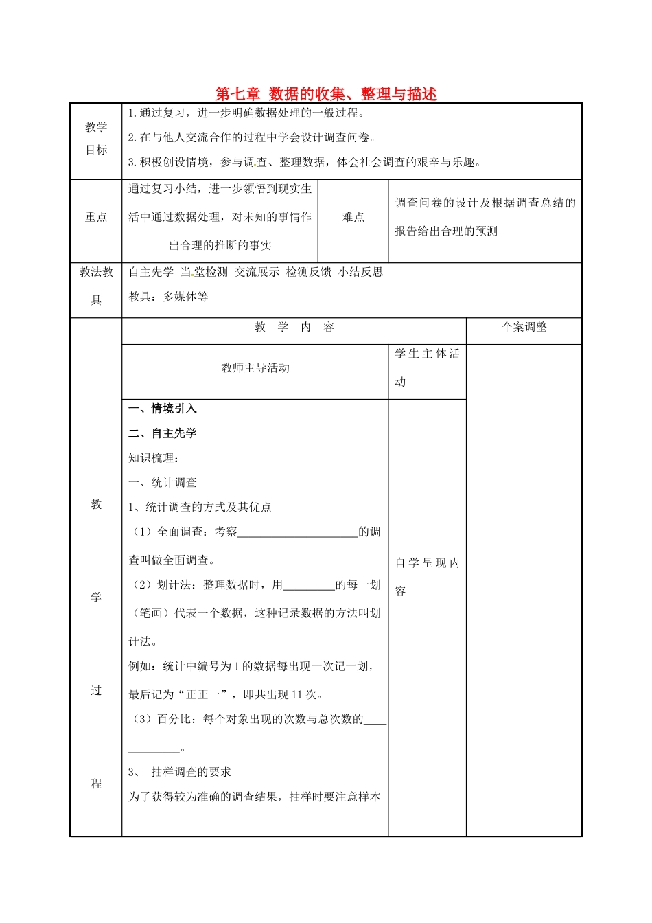 江苏省徐州市新沂市踢球山乡八年级数学下册 第七章 数据的收集、整理与描述小结教案1 （新版）苏科版-（新版）苏科版初中八年级下册数学教案_第1页