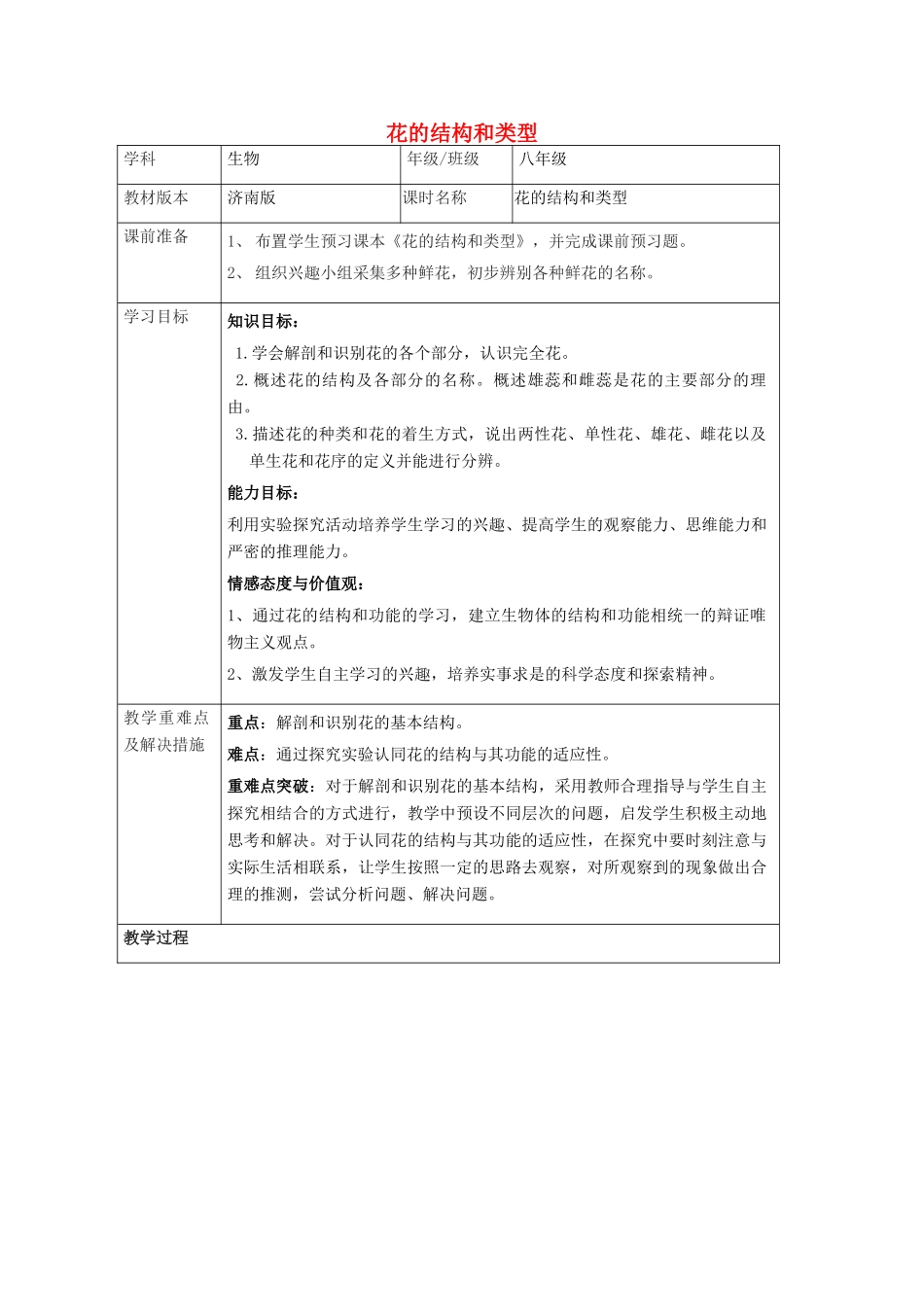 八年级生物上册 第四单元 第一章 第一节花的结构和类型教案 （新版）济南版-（新版）济南版初中八年级上册生物教案_第1页