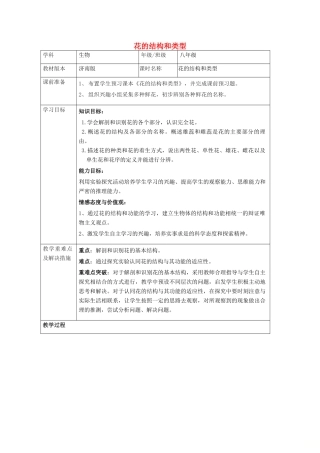 八年级生物上册 第四单元 第一章 第一节花的结构和类型教案 （新版）济南版-（新版）济南版初中八年级上册生物教案