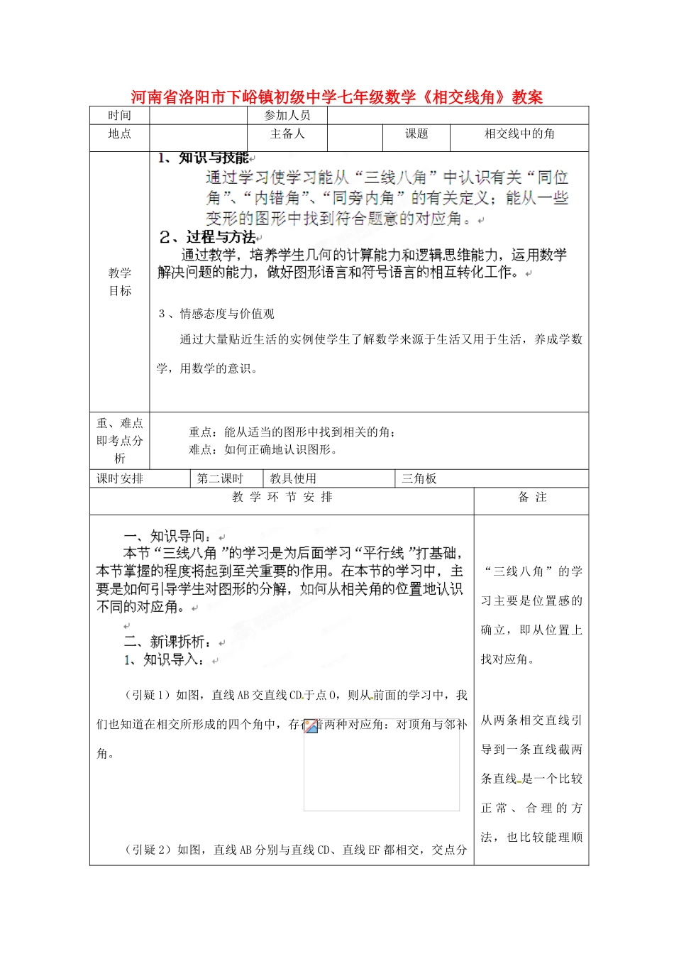 河南省洛阳市下峪镇初级中学七年级数学《相交线角》教案_第1页