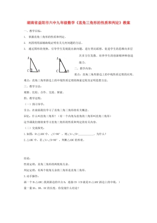 湖南省益阳市六中九年级数学《直角三角形的性质和判定》教案